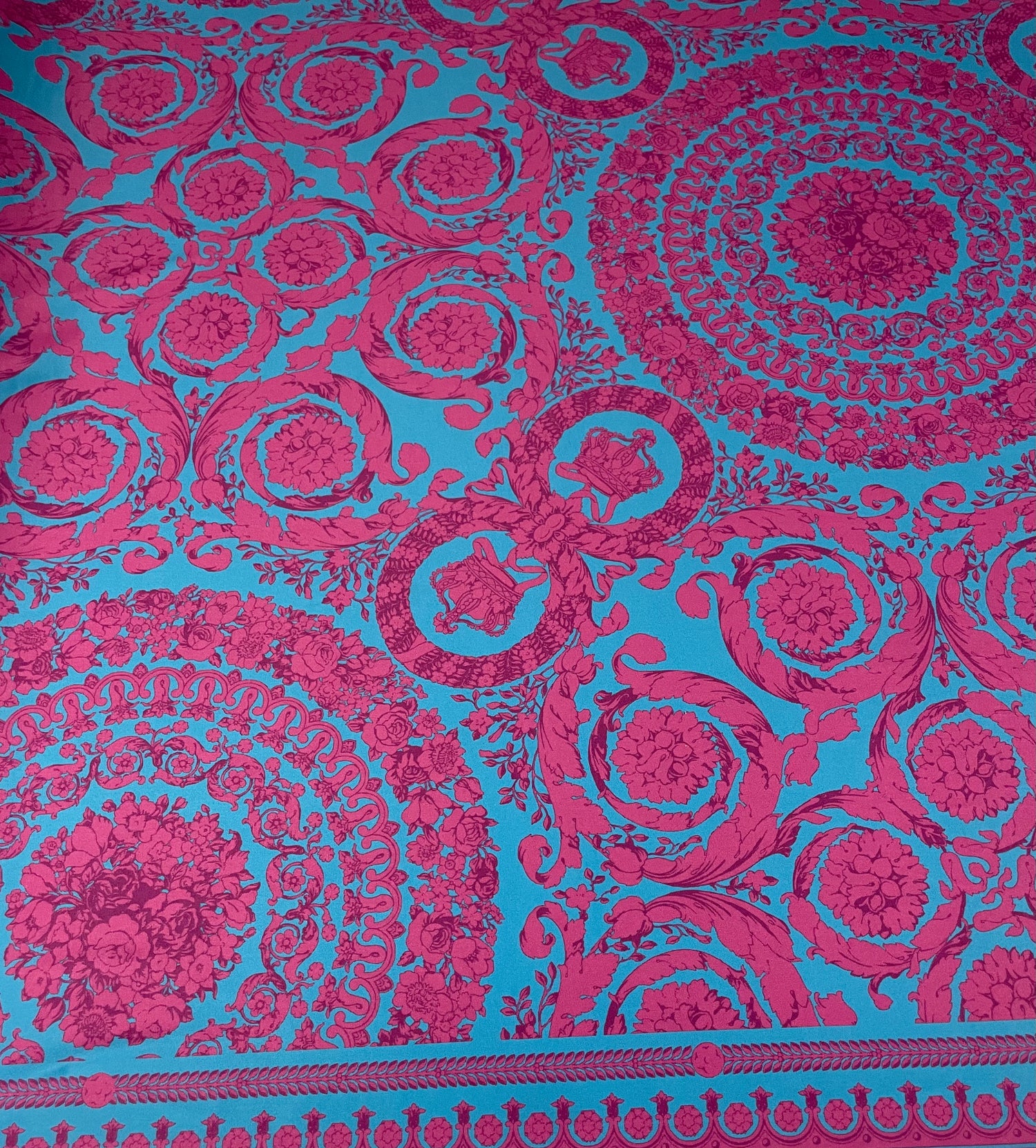 Baroque Floral Spandex Fabric Turquoise Pink by the Metre
