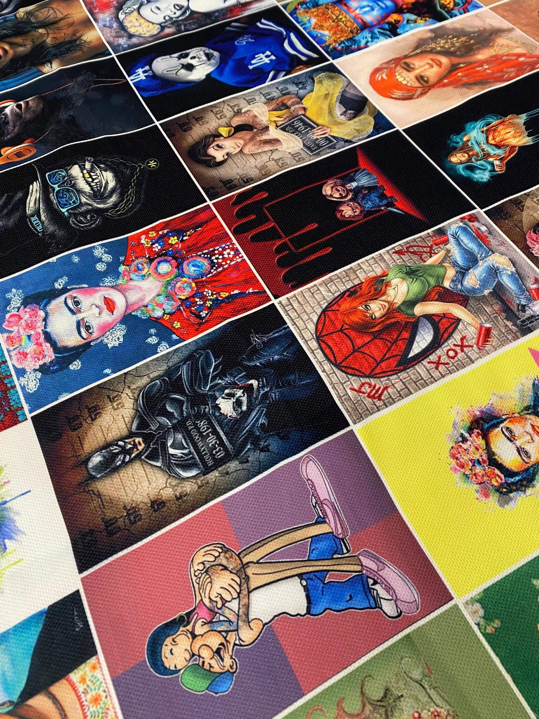 Close-up of vibrant pop art upholstery fabric with colorful, bold print designs on polyester material