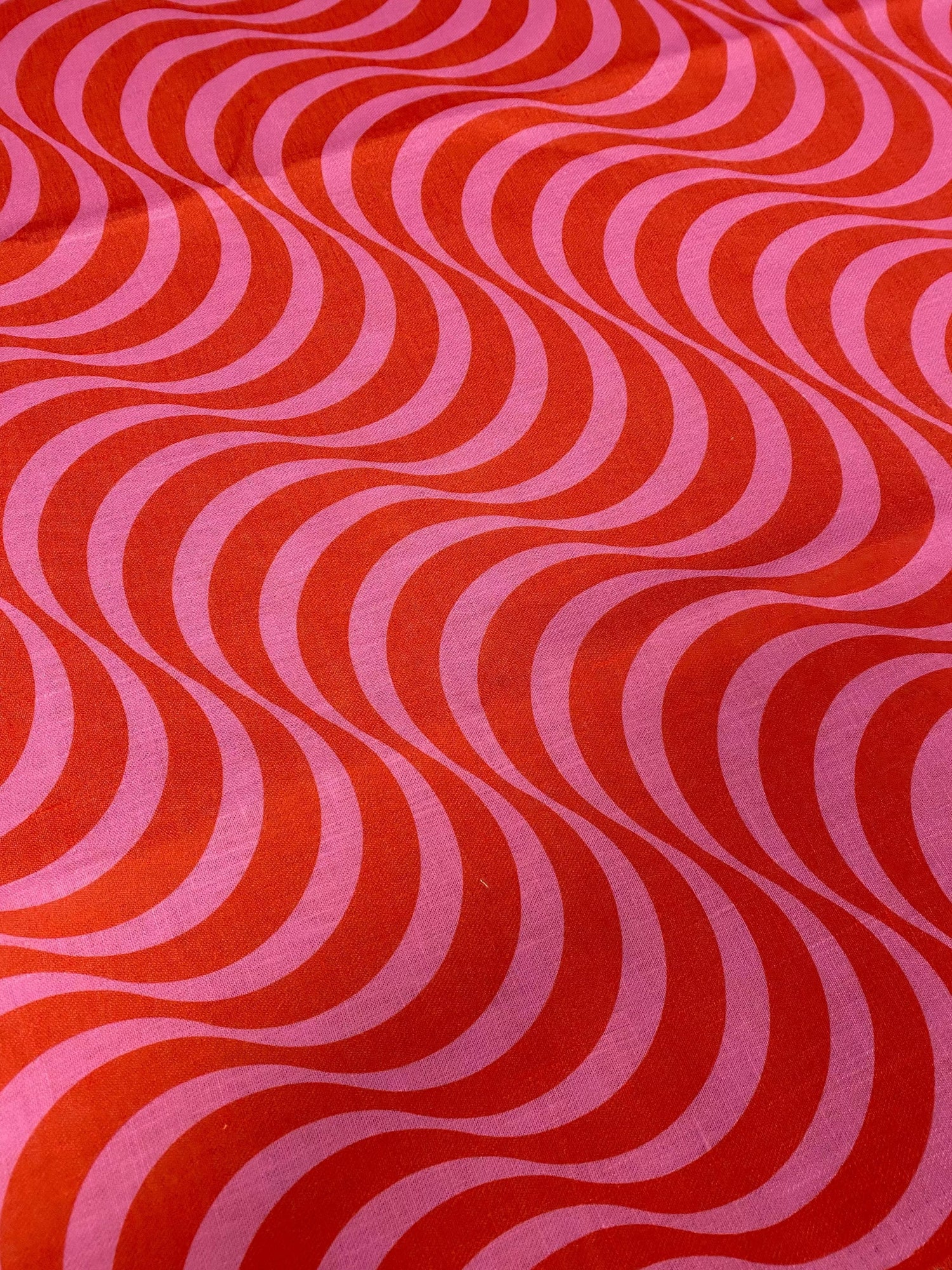 Red and pink retro wave pattern linen fabric for stylish home decor and upholstery