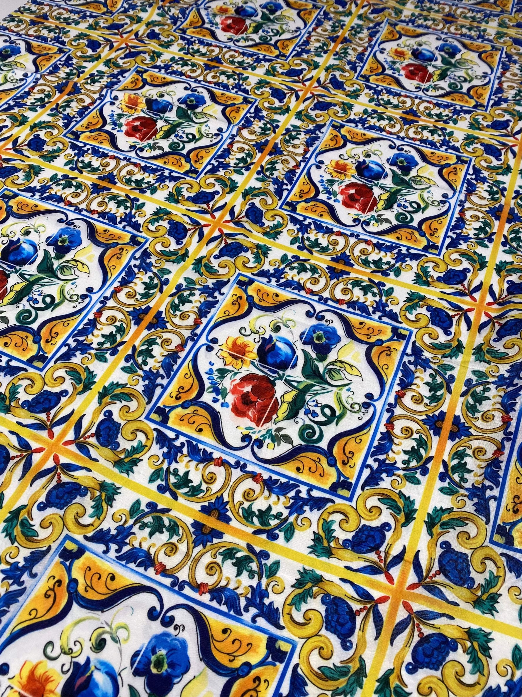 Small linen fabric with colorful Mojalica floral and ornamental design for home decor and crafts