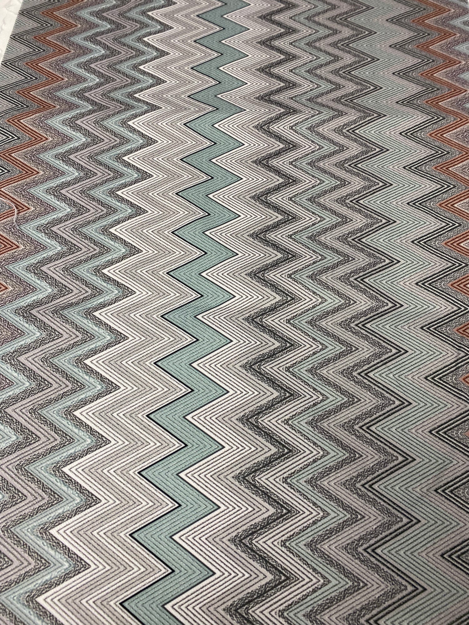 Geometric Chevron Pattern Fabric – Soft Textured Knit in Mint, Black & Rust Tones for Apparel and Home Decor