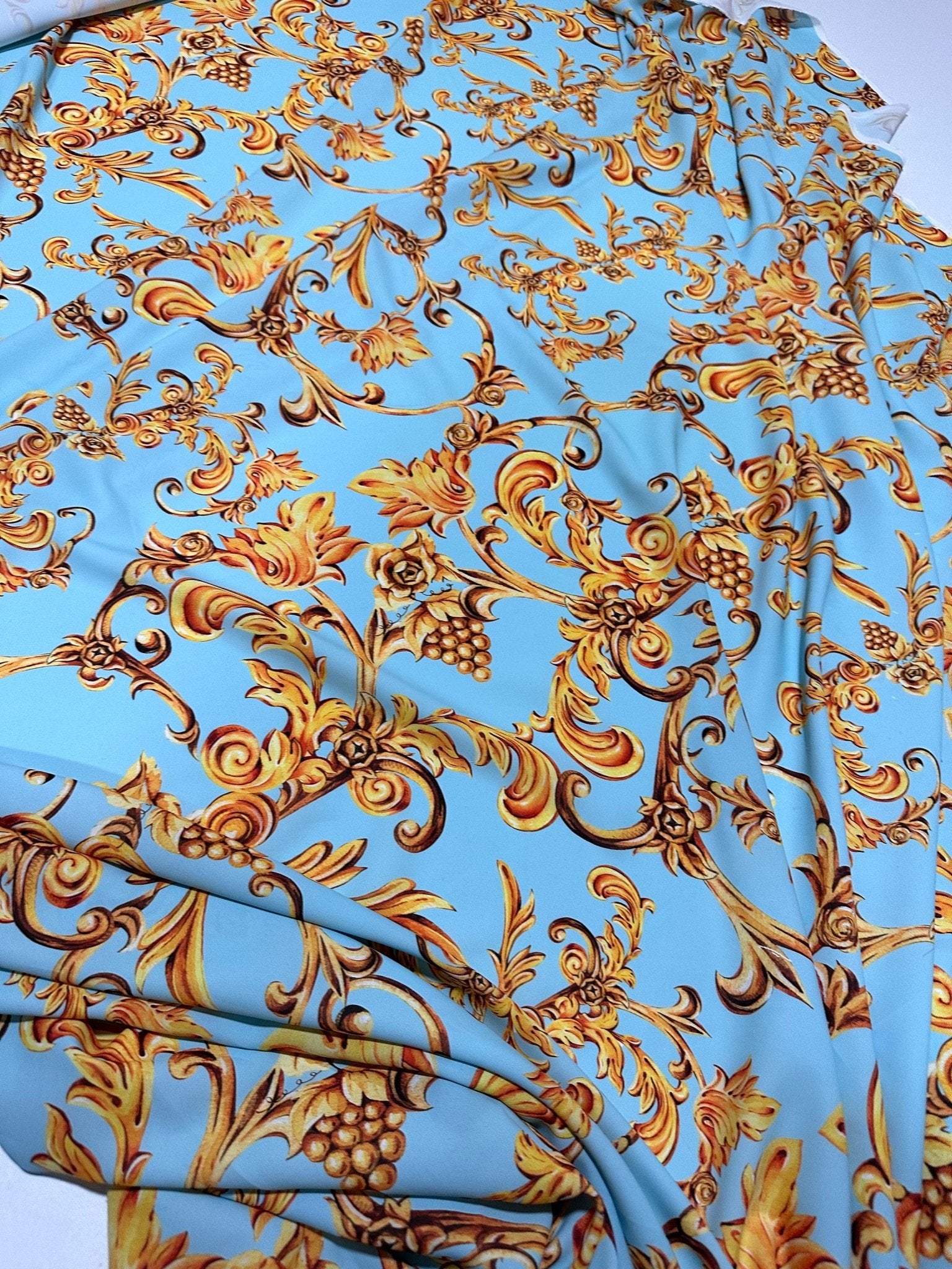 Baby Blue Fabric, Gold Baroque Print Fabric By The Yard - Whotex Online Fabric Store