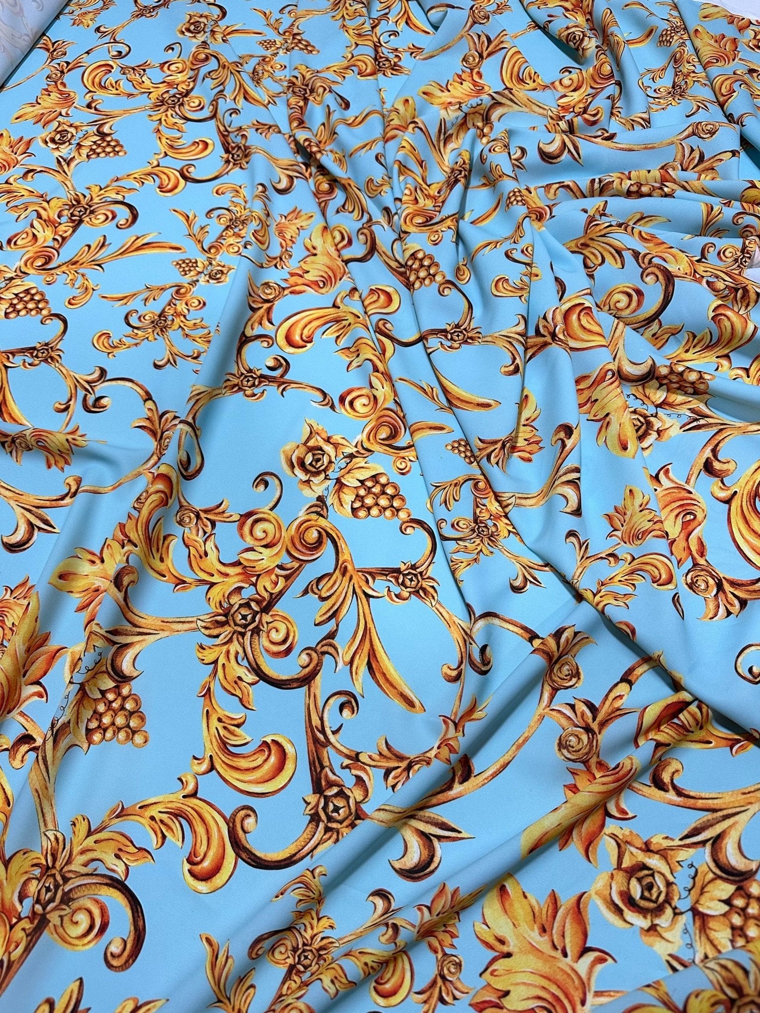 Baby Blue Fabric, Gold Baroque Print Fabric By The Yard - Whotex Online Fabric Store
