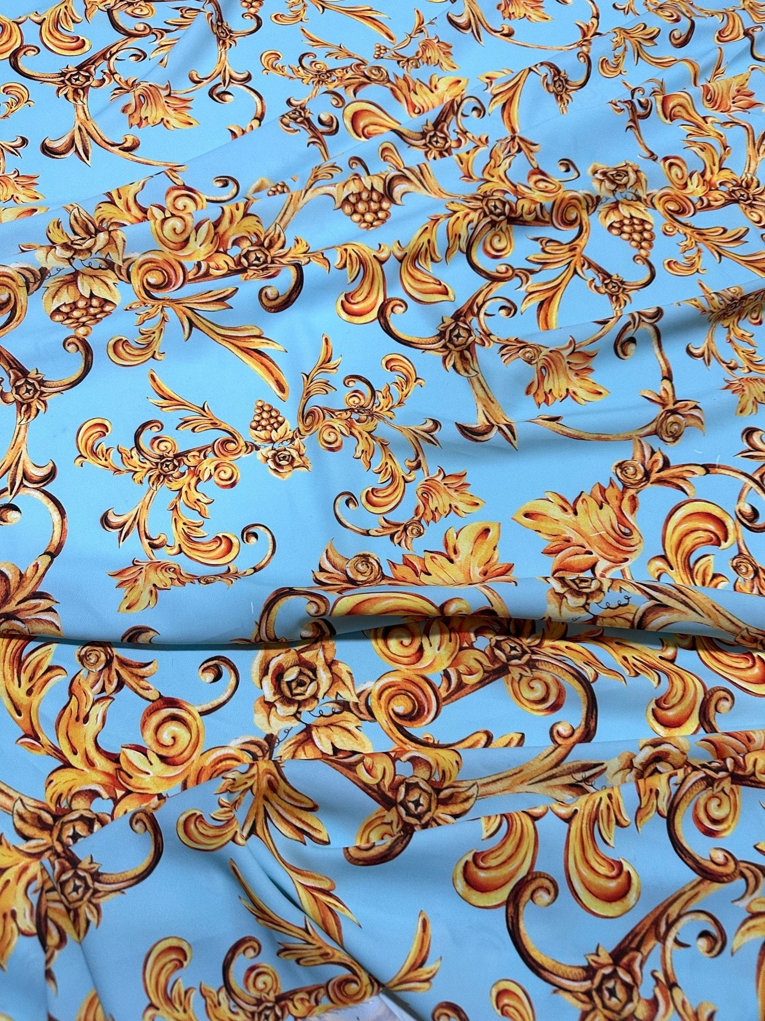 Baby Blue Fabric, Gold Baroque Print Fabric By The Yard - Whotex Online Fabric Store