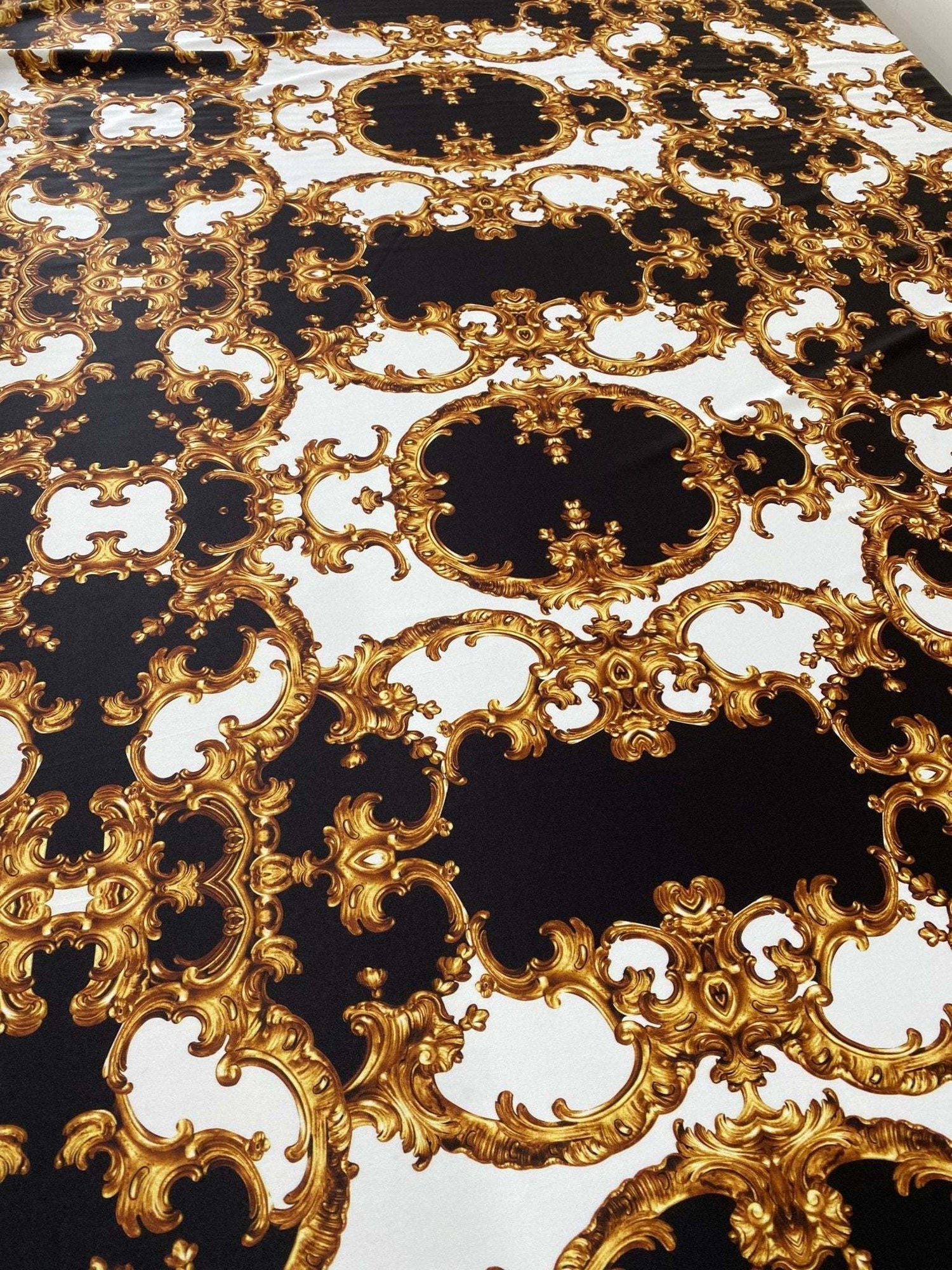 Baroque black white gold patterned fabric with ornate elegant design, sold by the yard, 150cm width