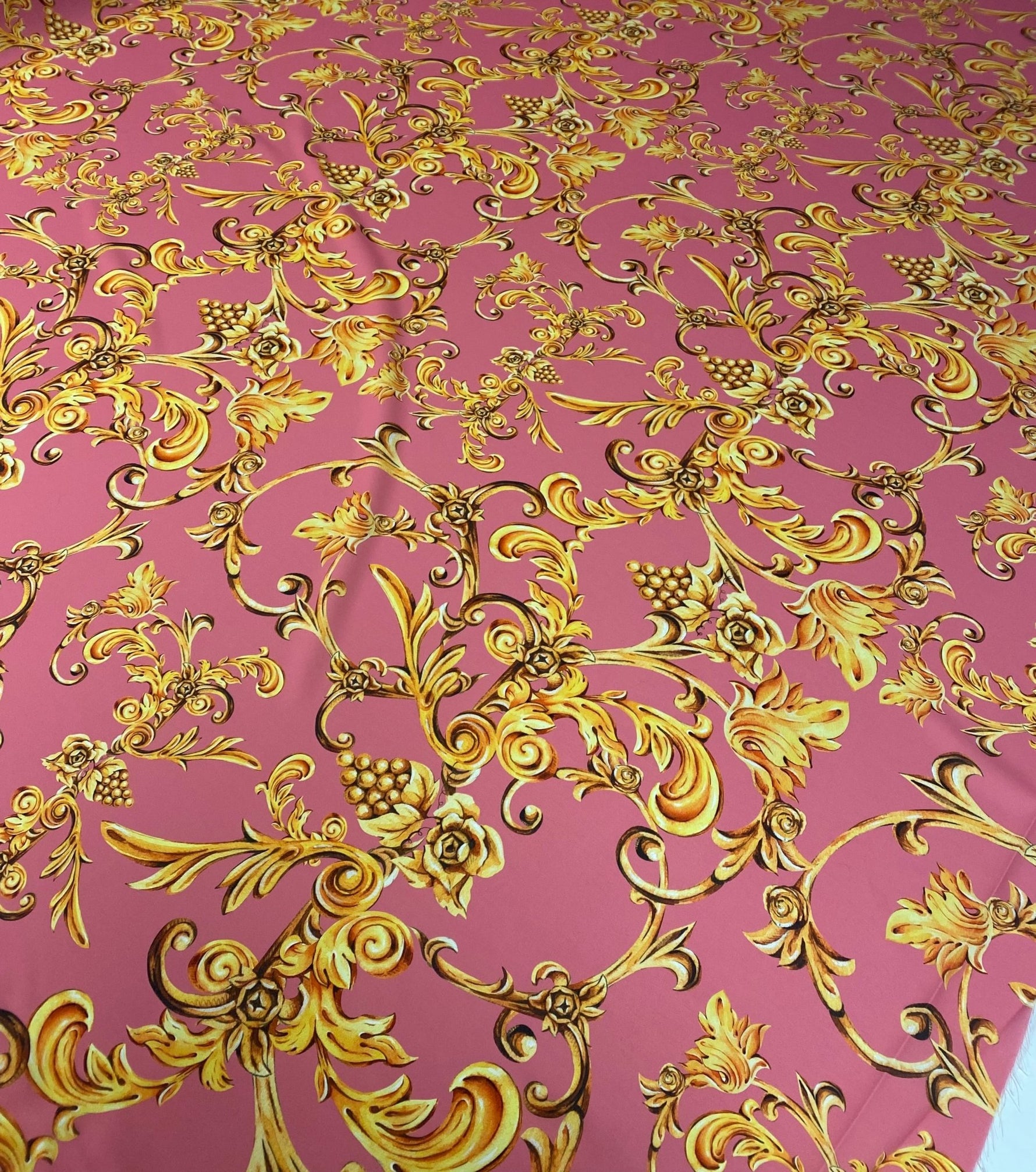 Baroque Floral Crepe Fabric by the Metre – Pink & Gold Luxury Design - Whotex Online Fabric Store