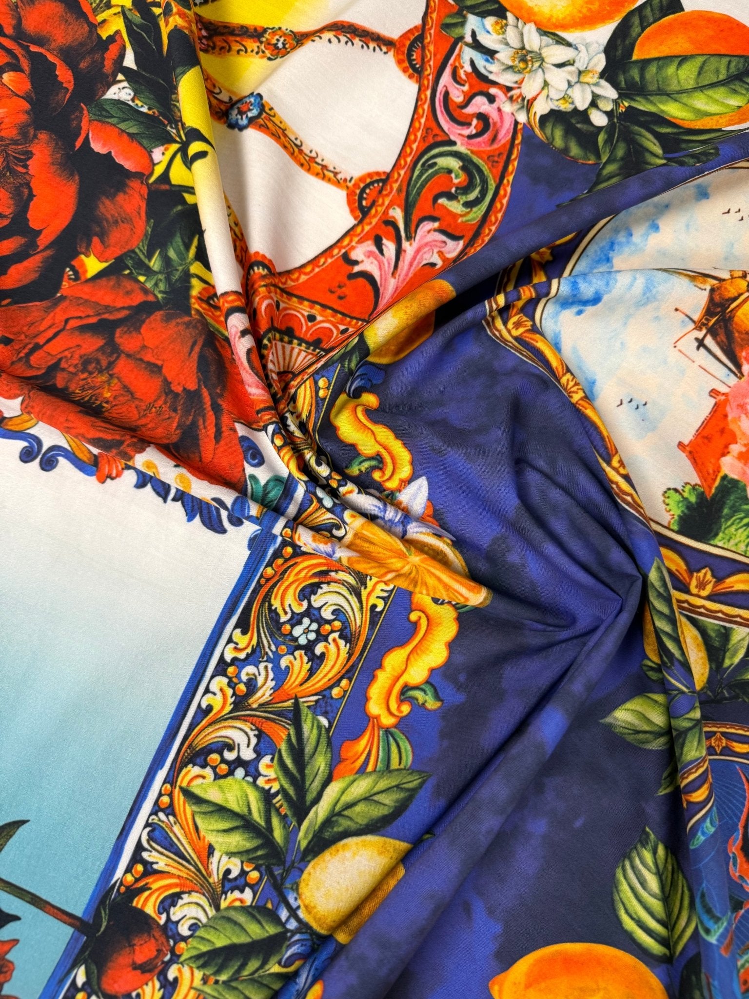 Baroque Floral & Lemons Organic Cotton Poplin Fabric by the Metre - Whotex Fabrics London