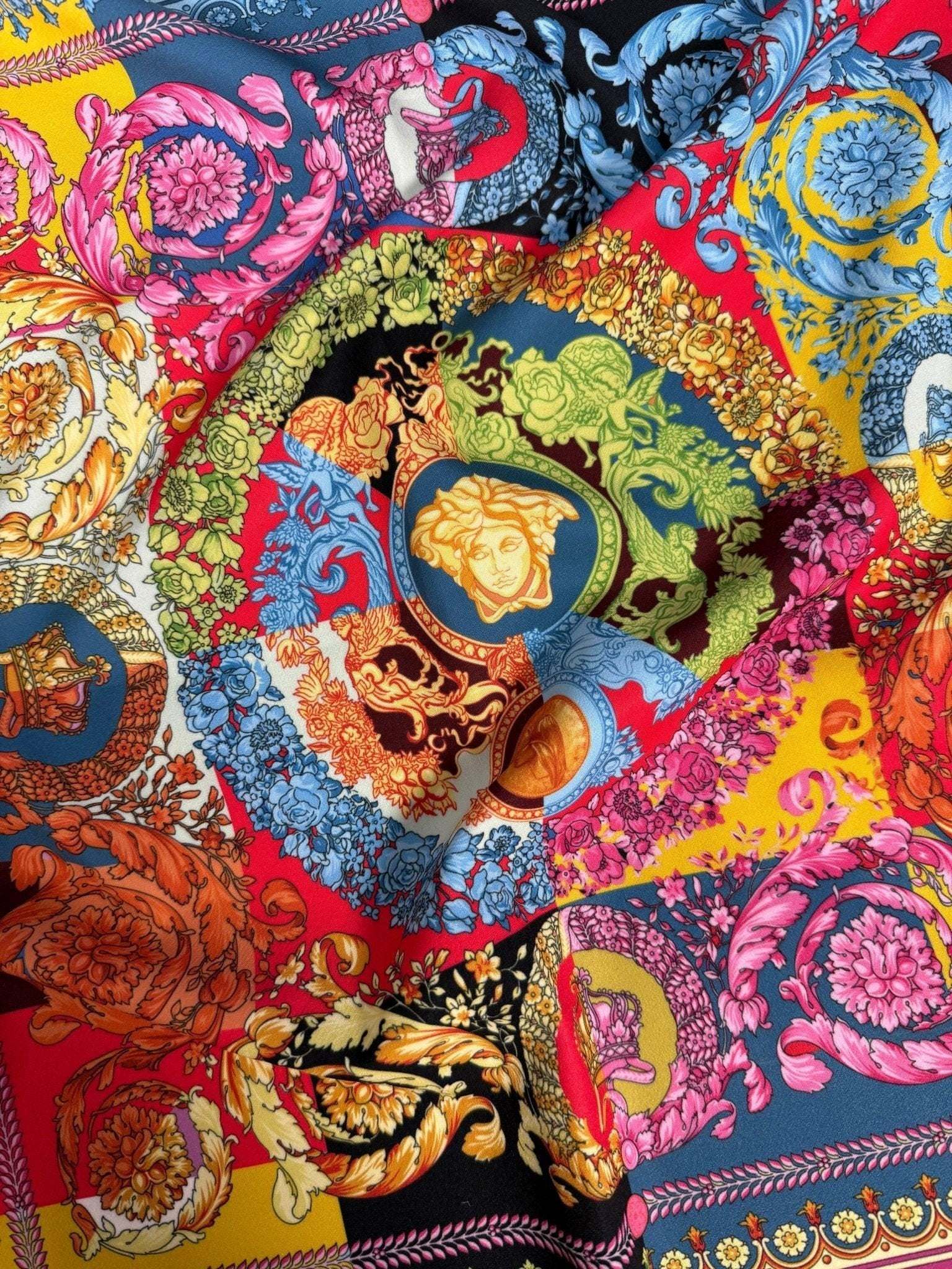Colorful Baroque pattern Italian fabric with intricate vibrant designs and 150cm width for sewing projects