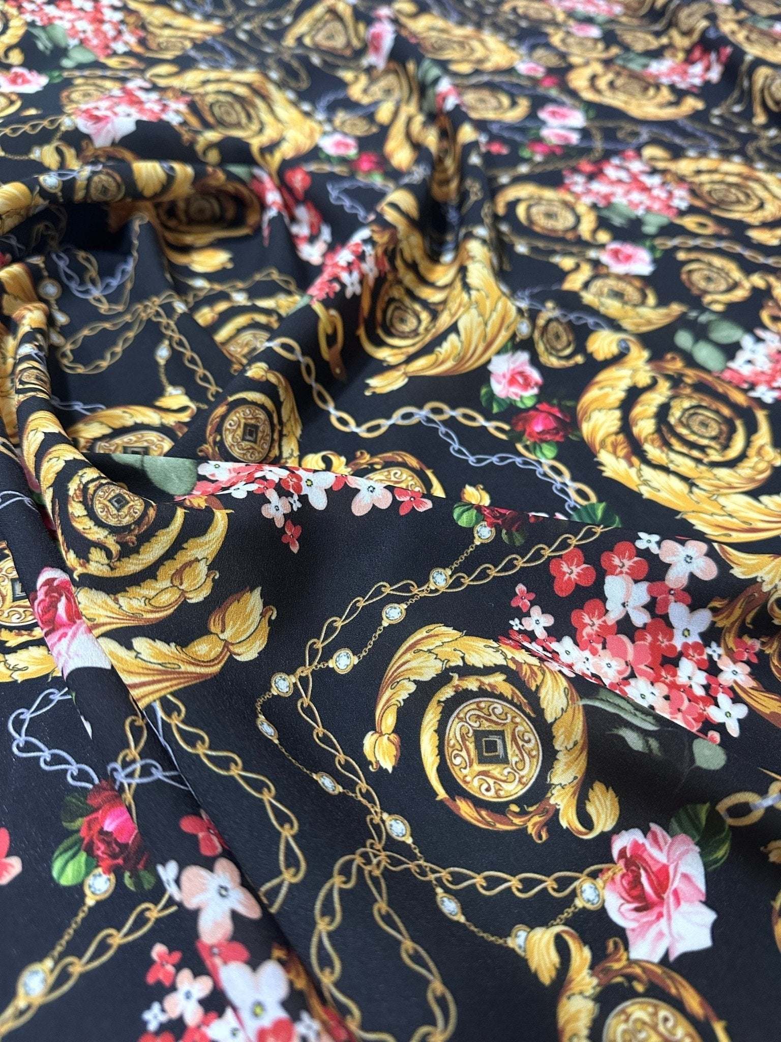 Black Baroque Floral Chain Fabric with gold ornate patterns and pink flowers, 150cm wide textile for sewing projects