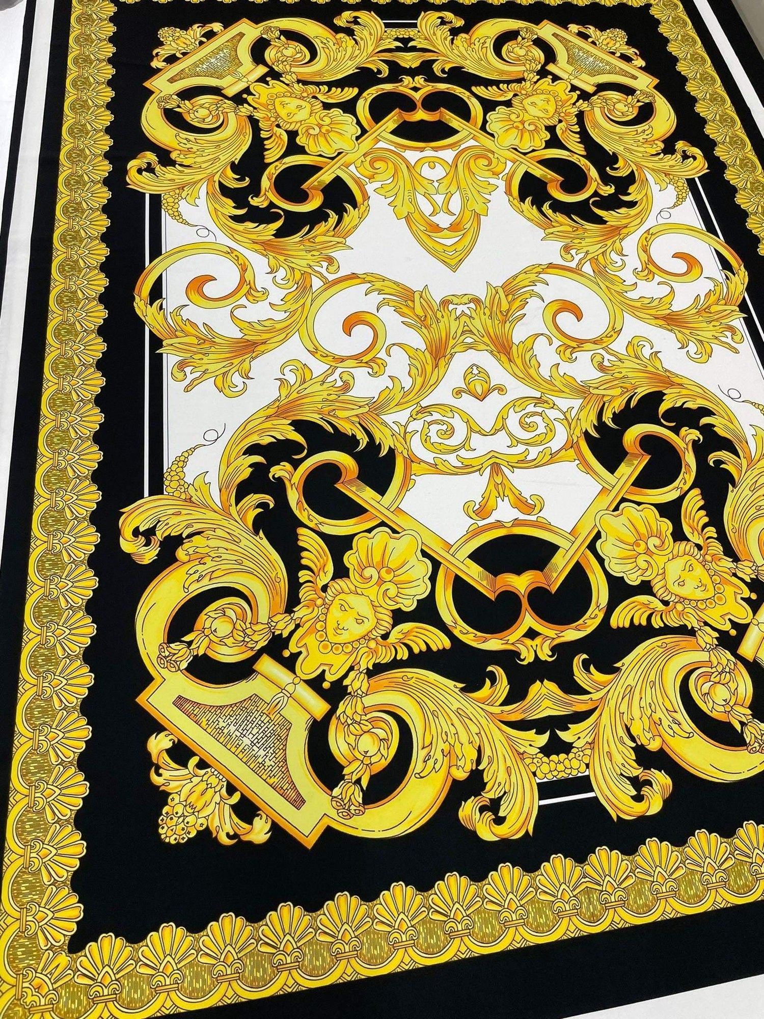 Baroque silky crepe fabric with intricate gold and black Baroque pattern, 150cm width, sold by the yard