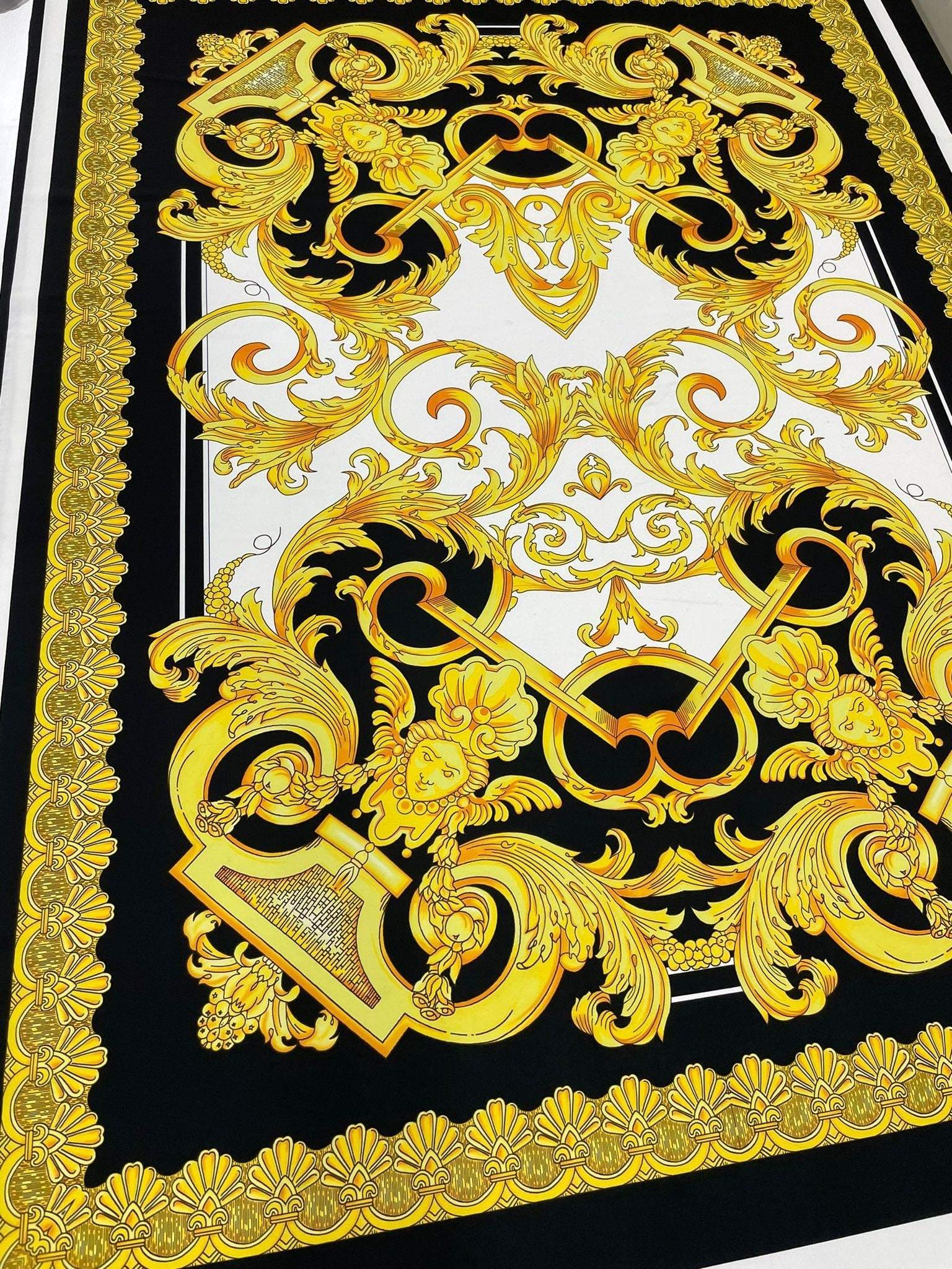 Baroque silky crepe fabric with intricate gold and black Baroque pattern, 150cm width, sold by the yard