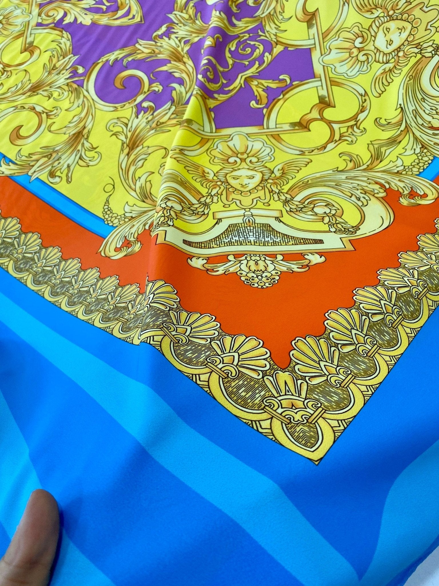 Baroque Pattern Silky Crepe Fabric, Orange Blue Design Fabric, Panel Fabric 150*100cm // 1.64 * 1.09 yard - Whotex Online Fabric Store