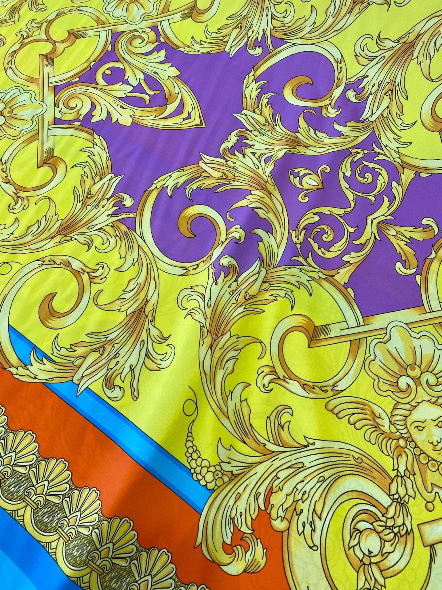 Baroque Pattern Silky Crepe Fabric, Orange Blue Design Fabric, Panel Fabric 150*100cm // 1.64 * 1.09 yard - Whotex Online Fabric Store
