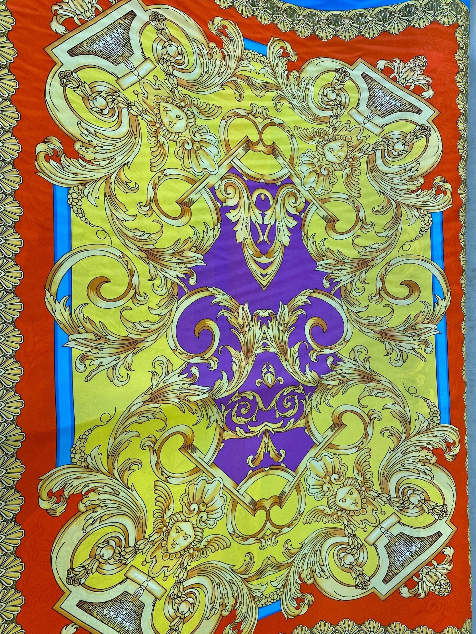Baroque Pattern Silky Crepe Fabric, Orange Blue Design Fabric, Panel Fabric 150*100cm // 1.64 * 1.09 yard - Whotex Online Fabric Store