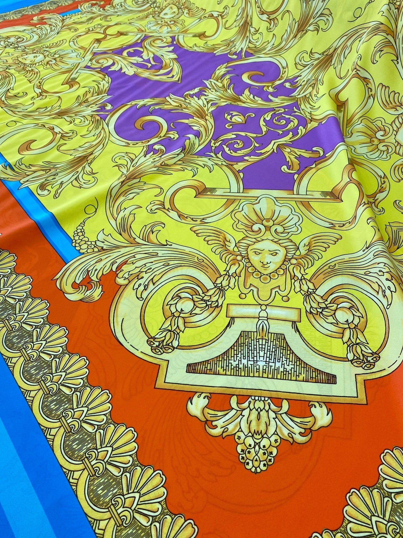 Baroque Pattern Silky Crepe Fabric, Orange Blue Design Fabric, Panel Fabric 150*100cm // 1.64 * 1.09 yard - Whotex Online Fabric Store