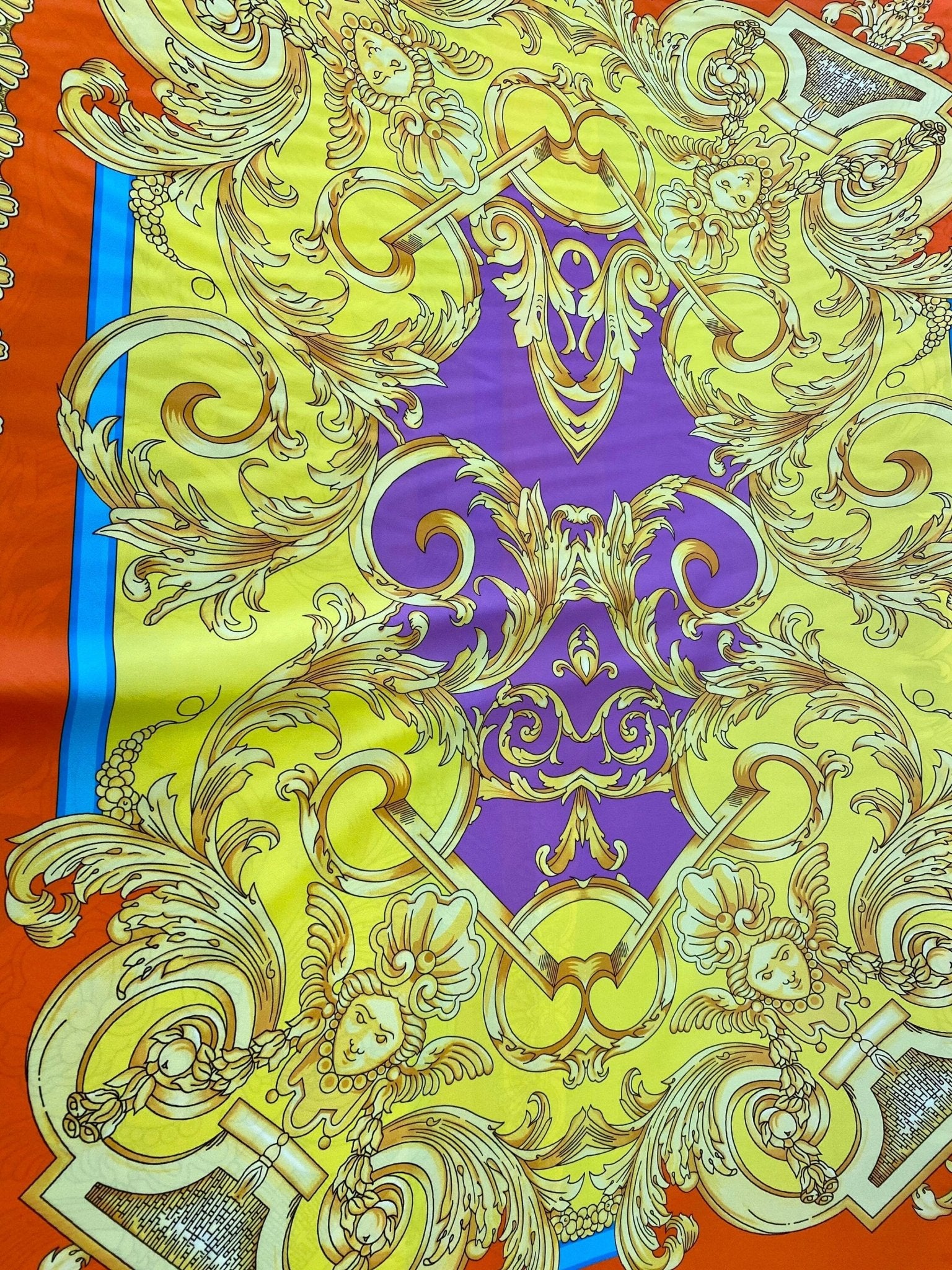 Baroque Pattern Silky Crepe Fabric, Orange Blue Design Fabric, Panel Fabric 150*100cm // 1.64 * 1.09 yard - Whotex Online Fabric Store