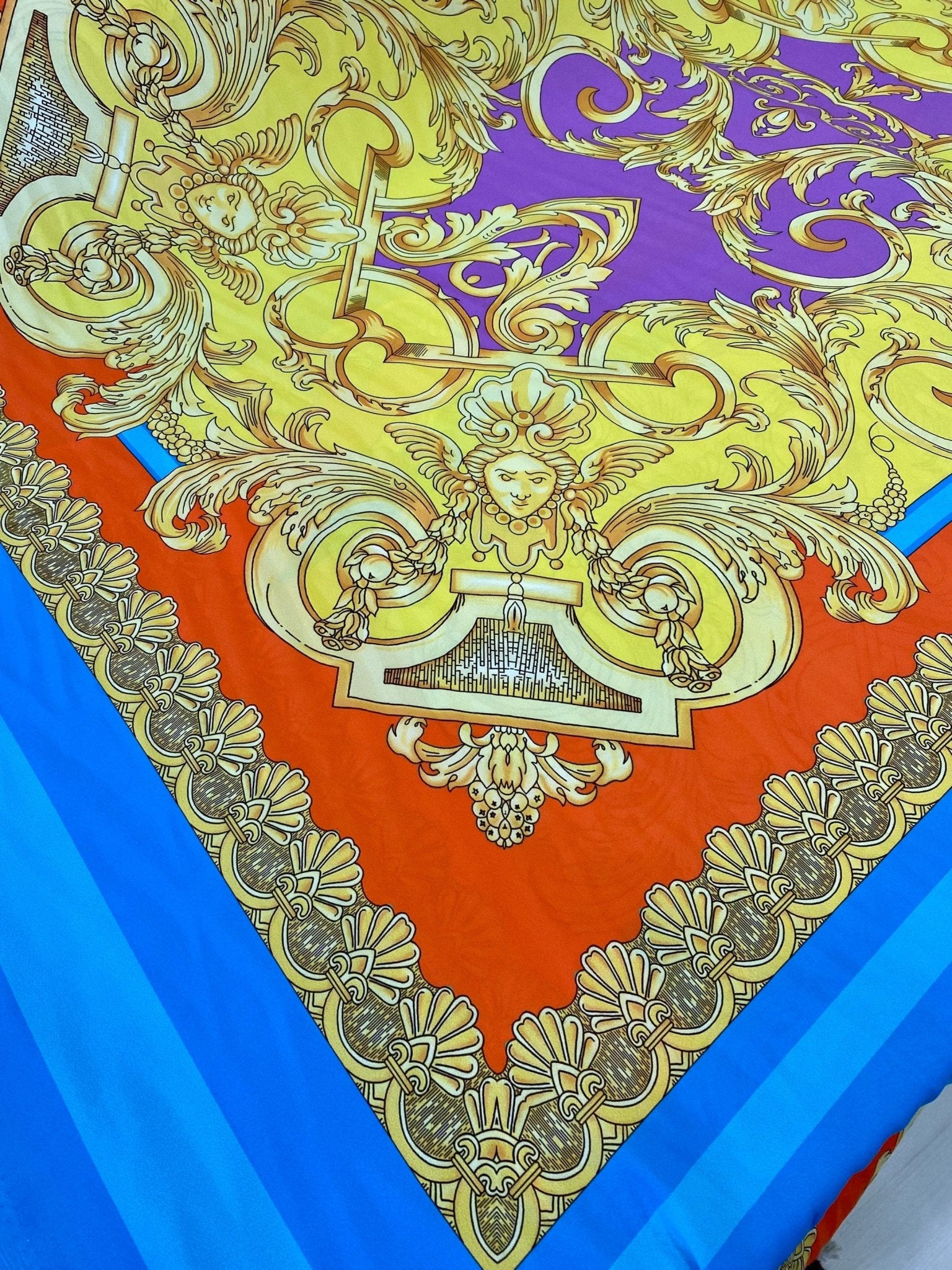 Baroque Pattern Silky Crepe Fabric, Orange Blue Design Fabric, Panel Fabric 150*100cm // 1.64 * 1.09 yard - Whotex Online Fabric Store