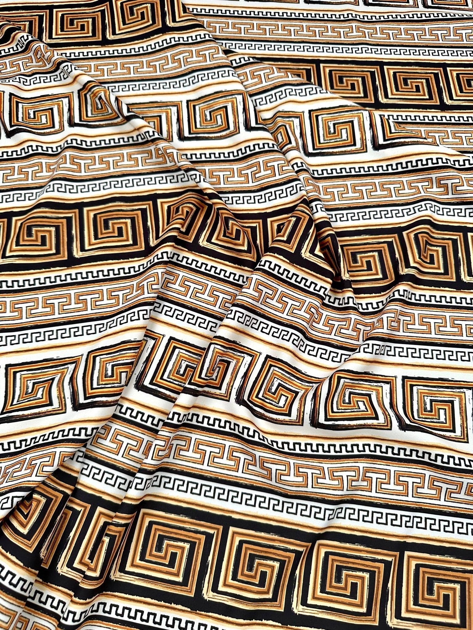 Beige Brown Crepe Silky Fabric, Greek Key Pattern Fabric , Fabric By The Yard , - Whotex Online Fabric Store