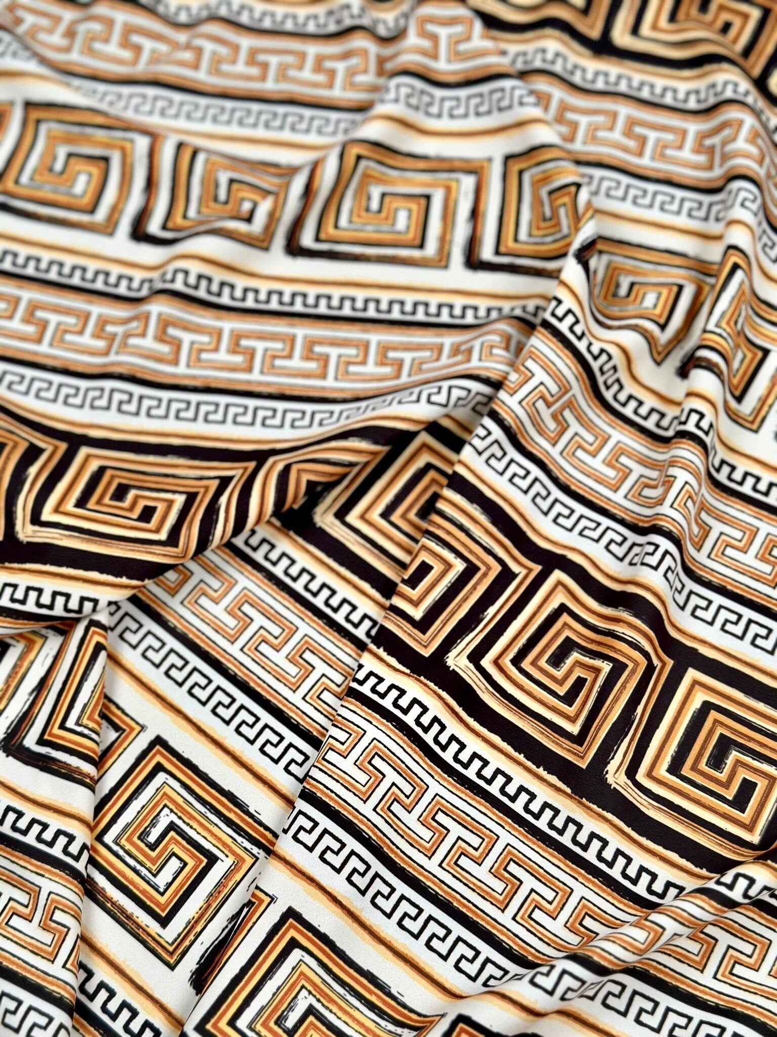 Beige Brown Crepe Silky Fabric, Greek Key Pattern Fabric , Fabric By The Yard , - Whotex Online Fabric Store
