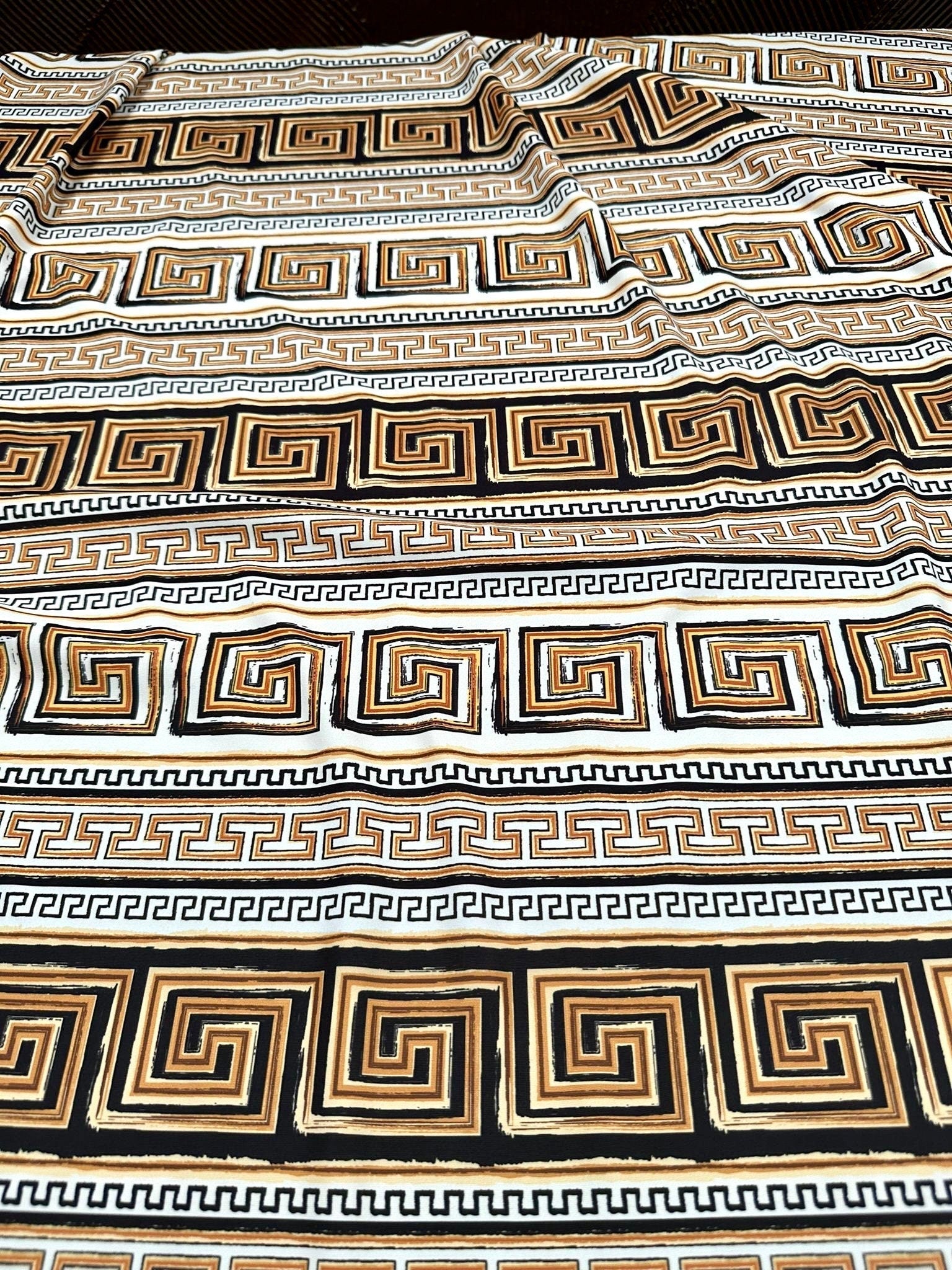 Beige Brown Crepe Silky Fabric, Greek Key Pattern Fabric , Fabric By The Yard , - Whotex Online Fabric Store