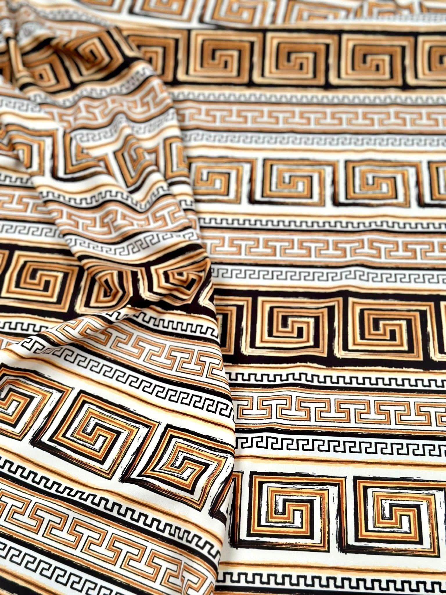 Beige Brown Crepe Silky Fabric, Greek Key Pattern Fabric , Fabric By The Yard , - Whotex Online Fabric Store