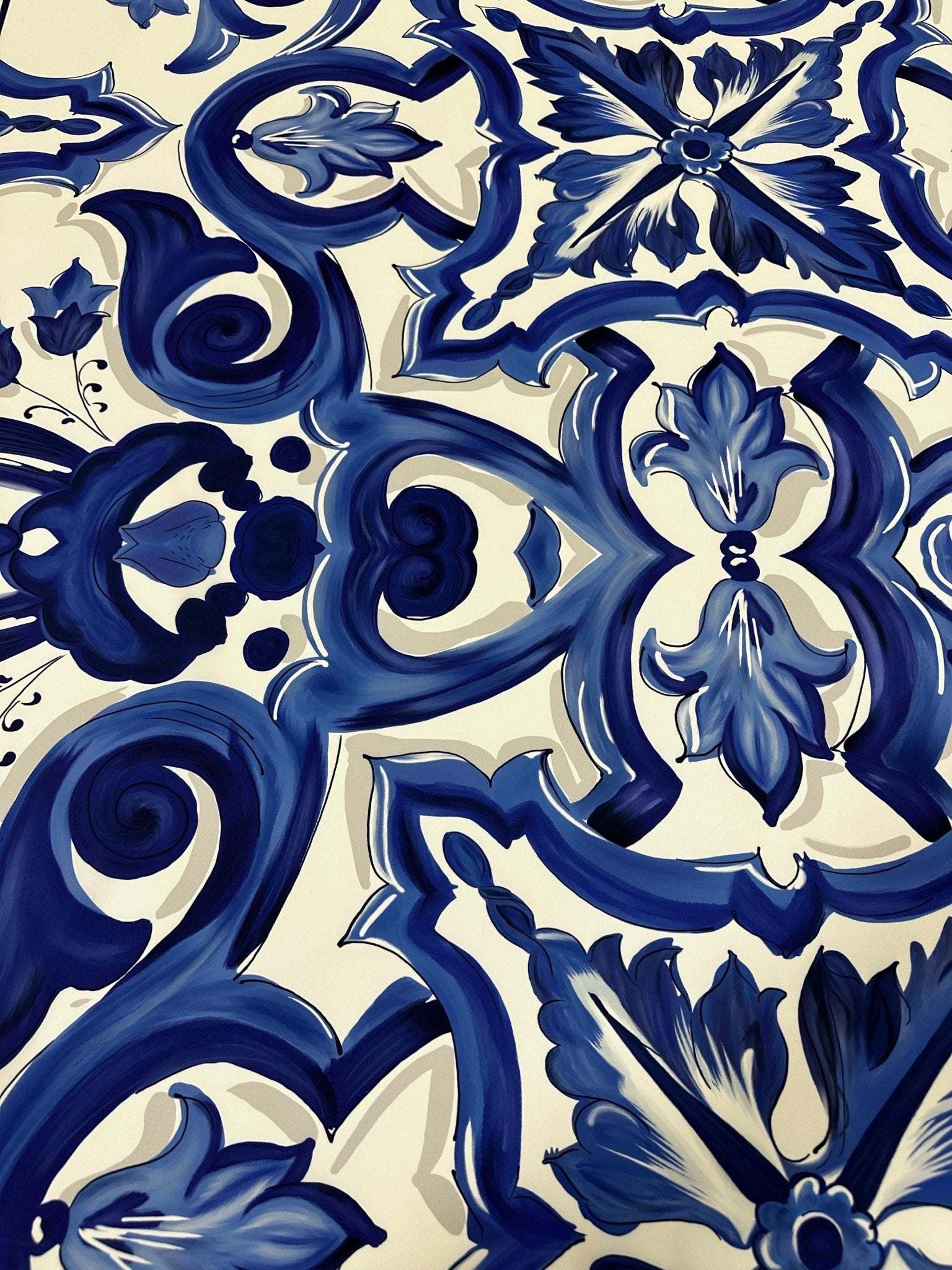 Blue Big Majolica pattern fabric with intricate floral and geometric designs on a cream background, 150cm wide.