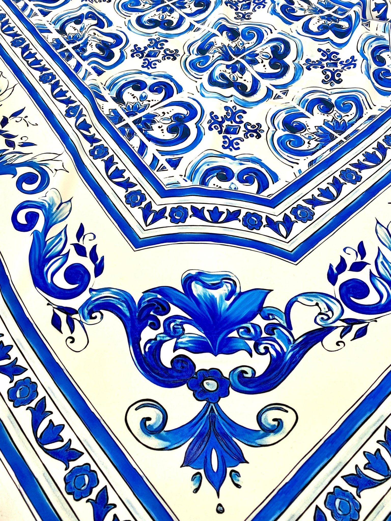 Blue Majolica fabric, Sicilian print Silky Crepe Fabric , Fabric by the yard, Panel Fabric 150*100cm // 1.64 * 1.09 yard - Whotex Online Fabric Store