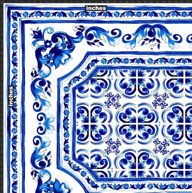 Blue Majolica fabric, Sicilian print Silky Crepe Fabric , Fabric by the yard, Panel Fabric 150*100cm // 1.64 * 1.09 yard - Whotex Online Fabric Store