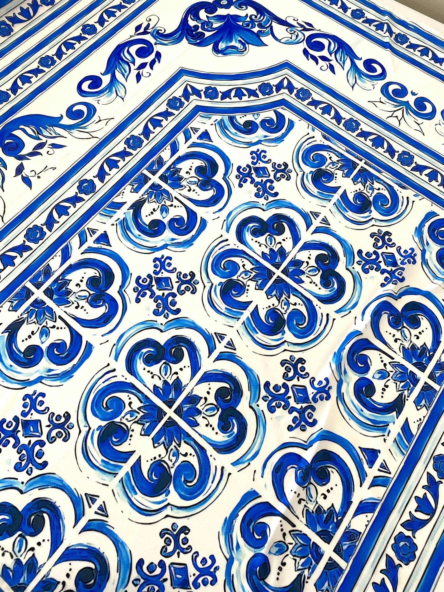 Blue Majolica fabric, Sicilian print Silky Crepe Fabric , Fabric by the yard, Panel Fabric 150*100cm // 1.64 * 1.09 yard - Whotex Online Fabric Store