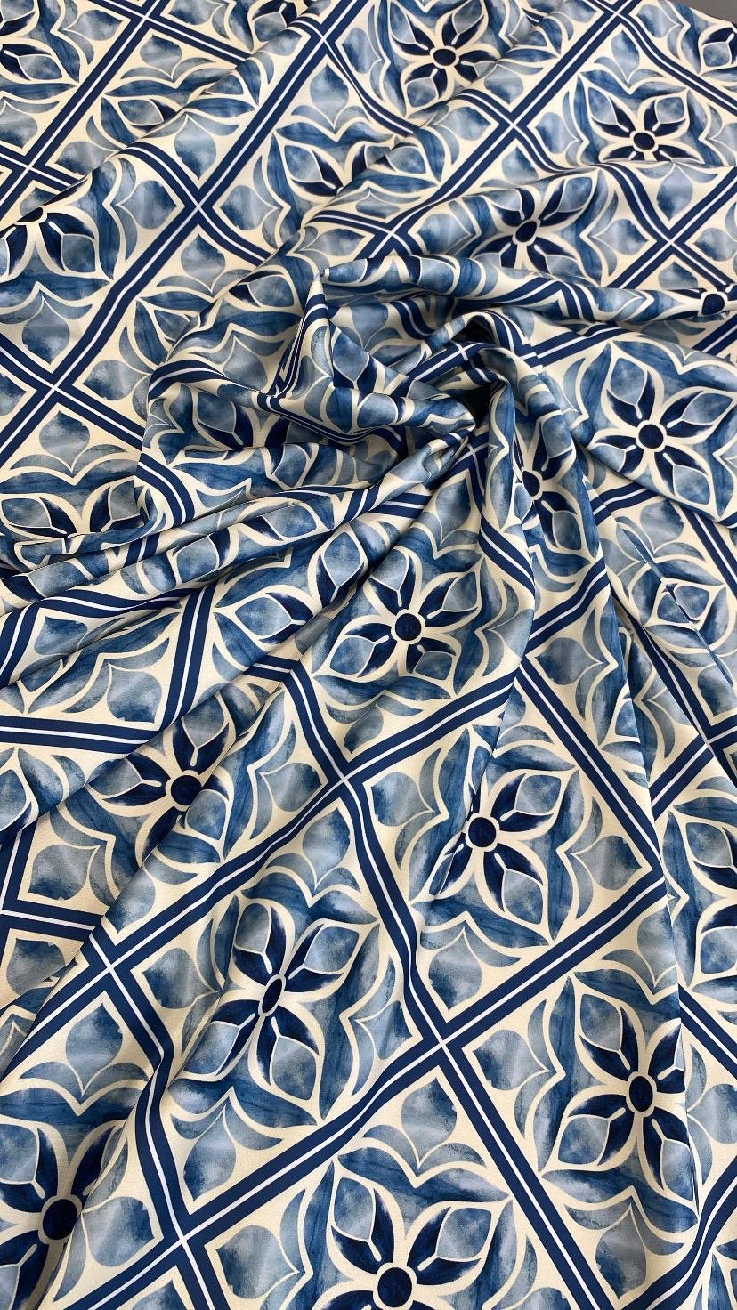 Blue Mediterranean Tile Pattern Fabric - Whotex Online Fabric Store