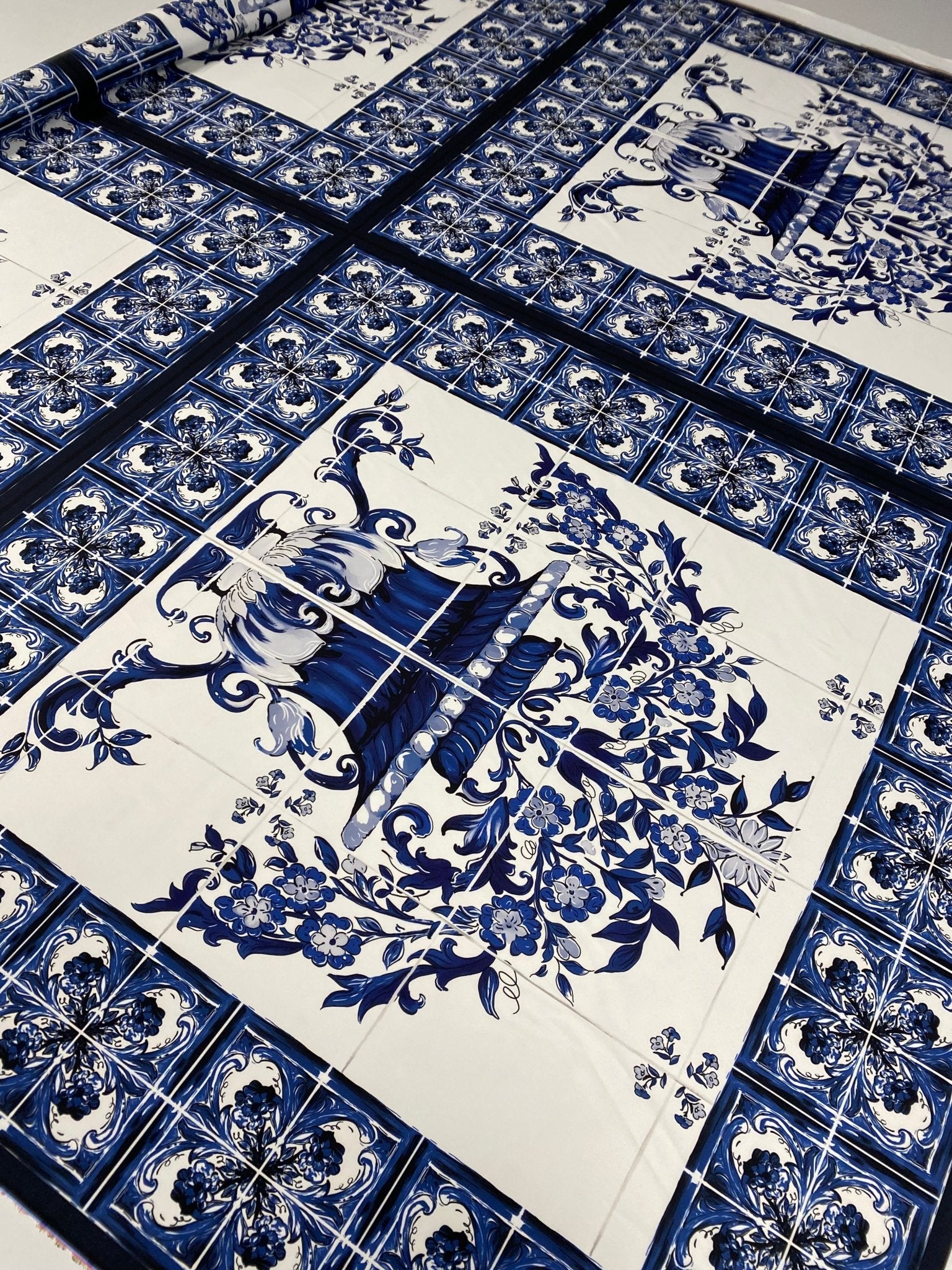 Blue & White Tile Print Crepe Fabric by the Metre – Classic Floral - Whotex Online Fabric Store