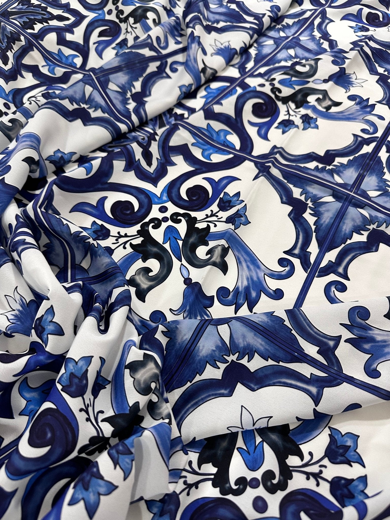 Crepe Fabric, Majolica Pattern Crepe Fabric, Blue White Swirl Fabric - Whotex Online Fabric Store