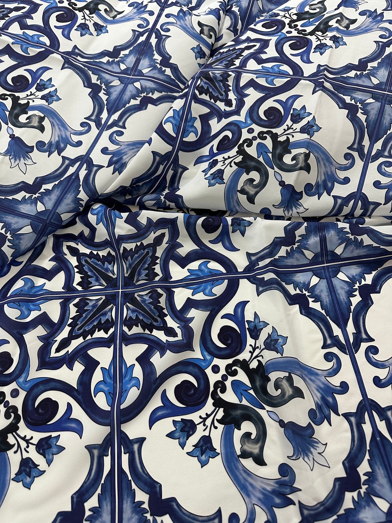 Crepe Fabric, Majolica Pattern Crepe Fabric, Blue White Swirl Fabric - Whotex Online Fabric Store