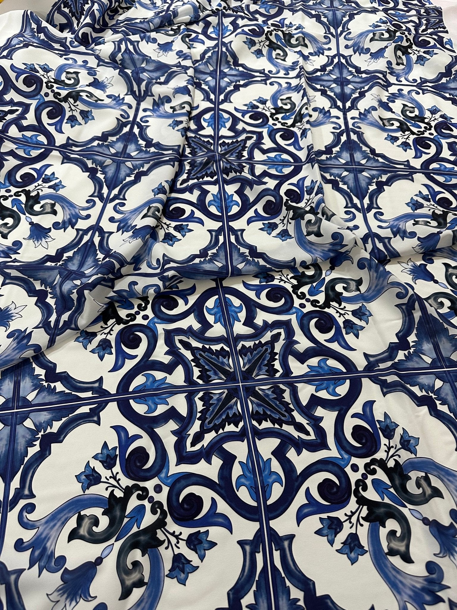 Crepe Fabric, Majolica Pattern Crepe Fabric, Blue White Swirl Fabric - Whotex Online Fabric Store