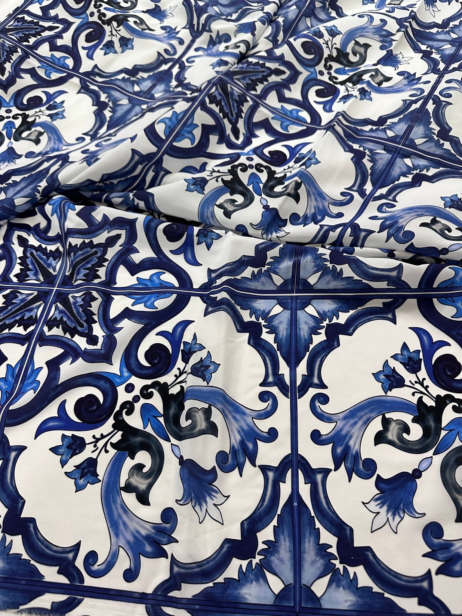 Crepe Fabric, Majolica Pattern Crepe Fabric, Blue White Swirl Fabric - Whotex Online Fabric Store