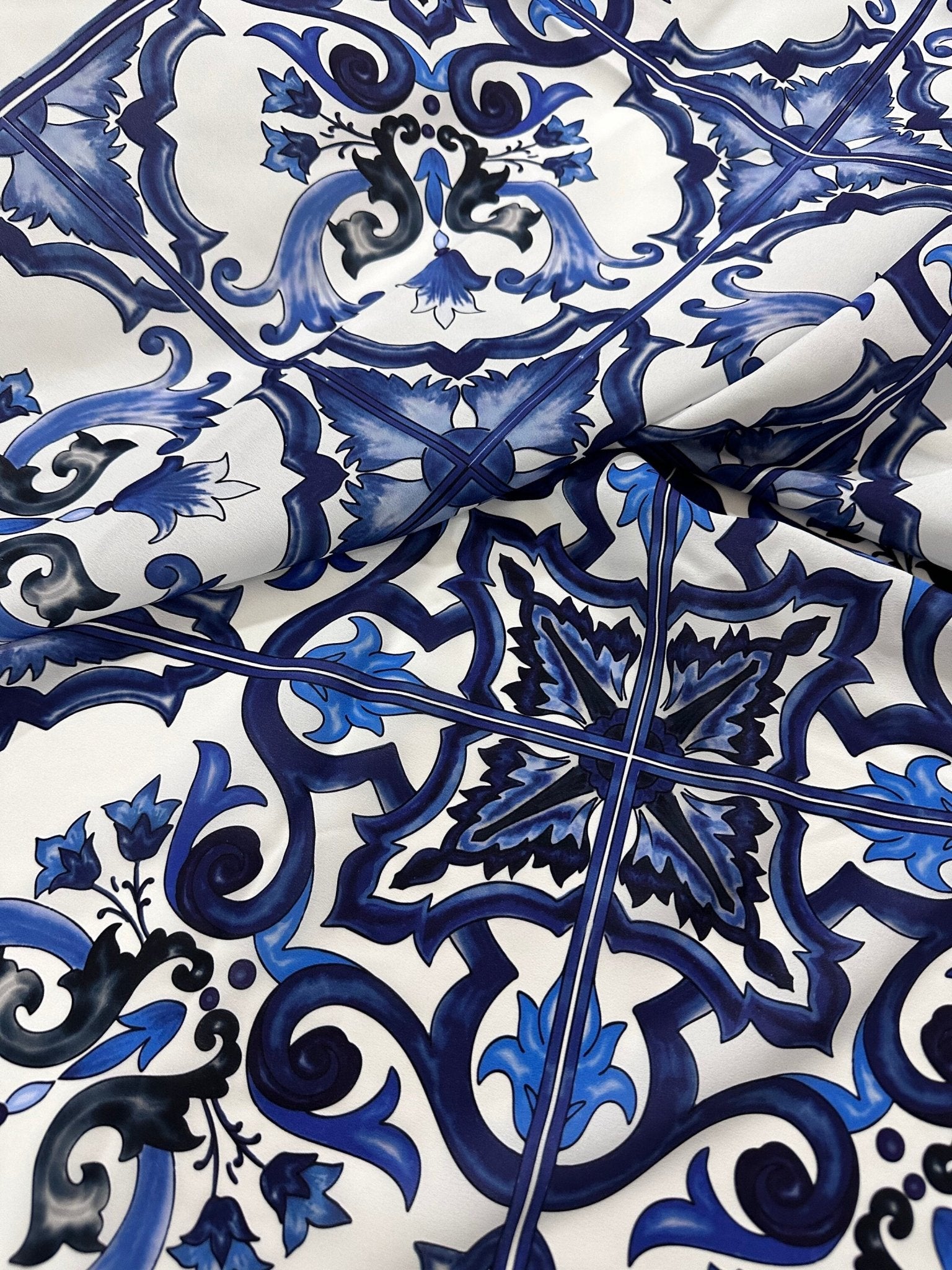 Crepe Fabric, Majolica Pattern Crepe Fabric, Blue White Swirl Fabric - Whotex Online Fabric Store