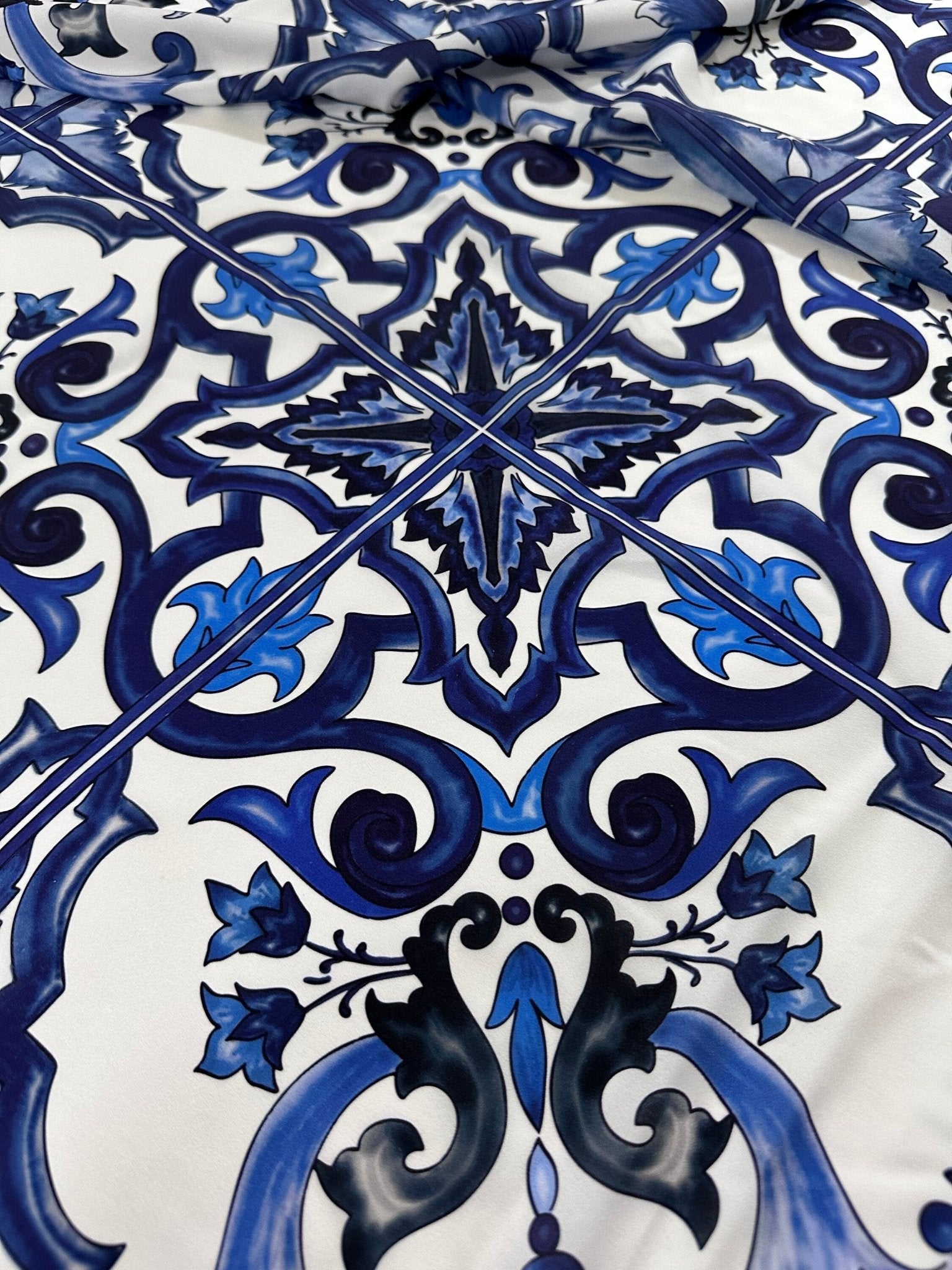 Crepe Fabric, Majolica Pattern Crepe Fabric, Blue White Swirl Fabric - Whotex Online Fabric Store