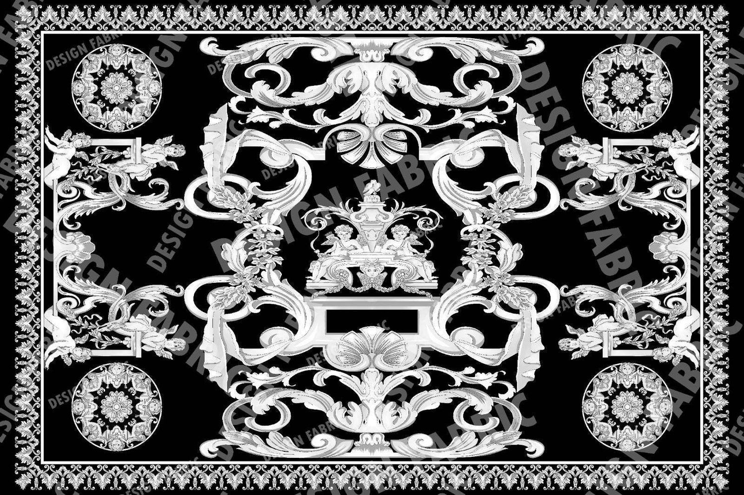 Elegant black and white Baroque fabric panel with intricate classic design for home decor and upholstery