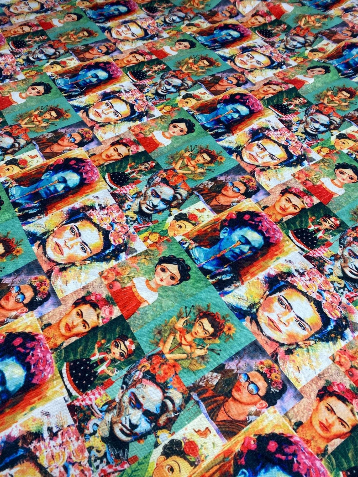 Frida Design Upholstery Fabric with vibrant colorful floral and portrait print for home décor projects
