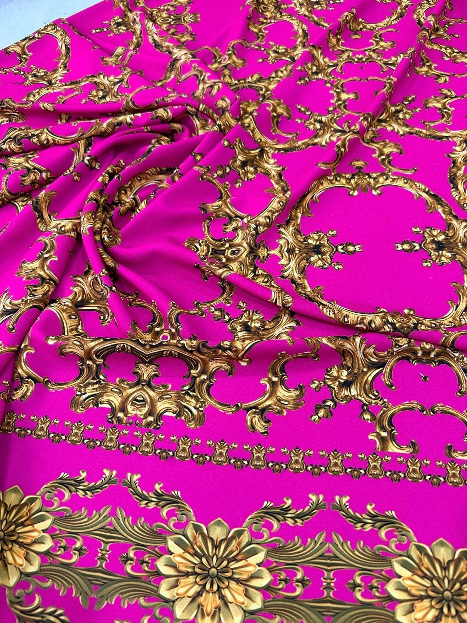 Fuchsia Baroque fabric with luxurious gold ornate pattern for upholstery and home decor projects