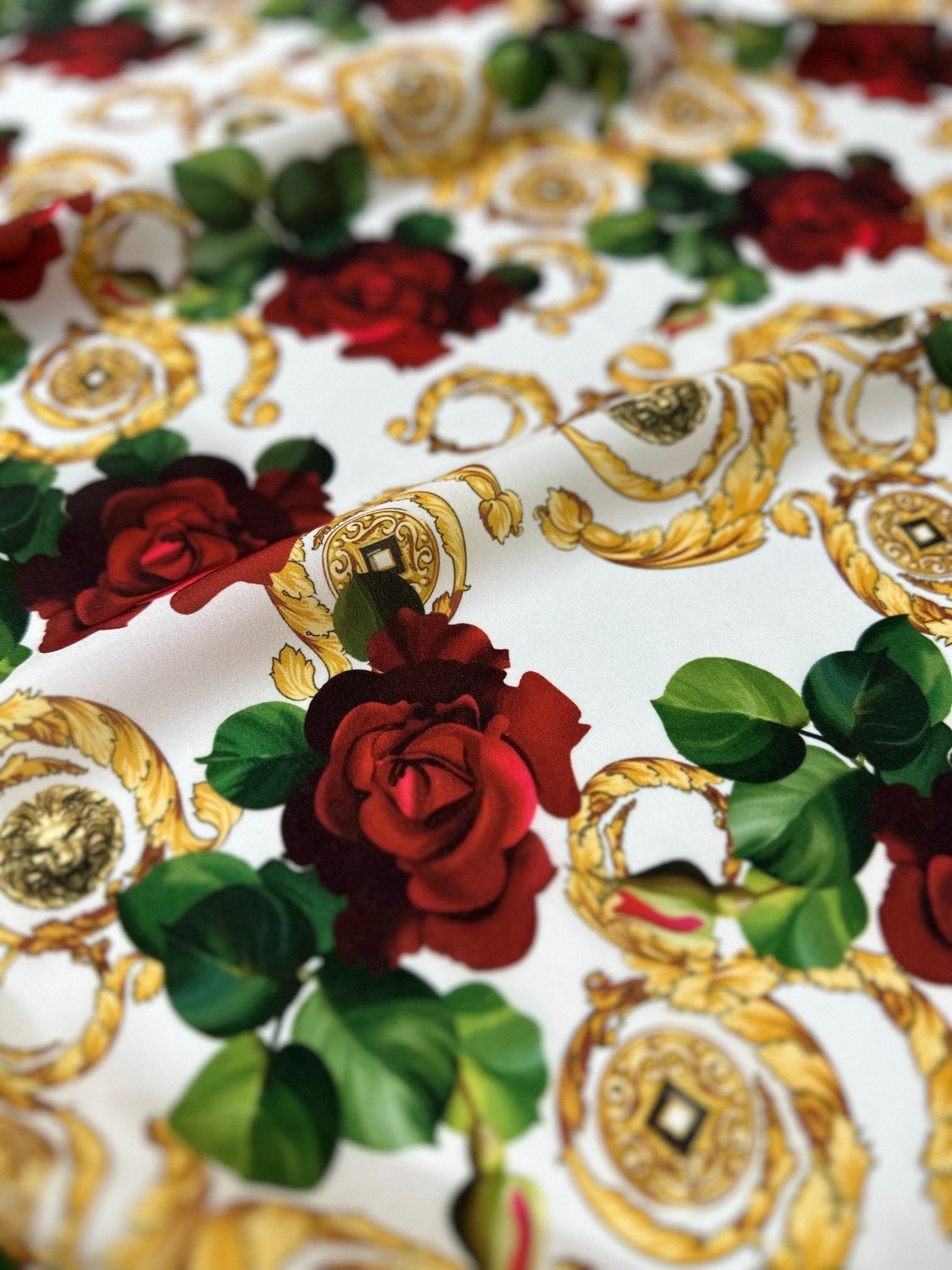 Gold Baroque Pattern Crepe, Red Rose Pattern White Fabric - Whotex Online Fabric Store