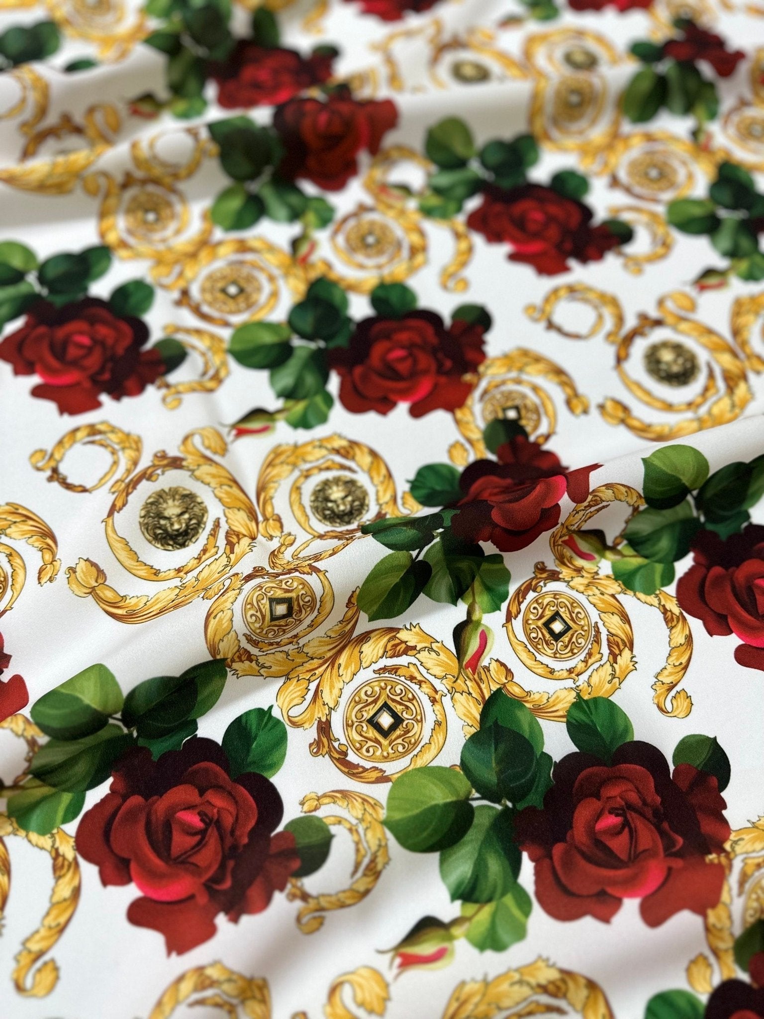Gold Baroque Pattern Crepe, Red Rose Pattern White Fabric - Whotex Online Fabric Store