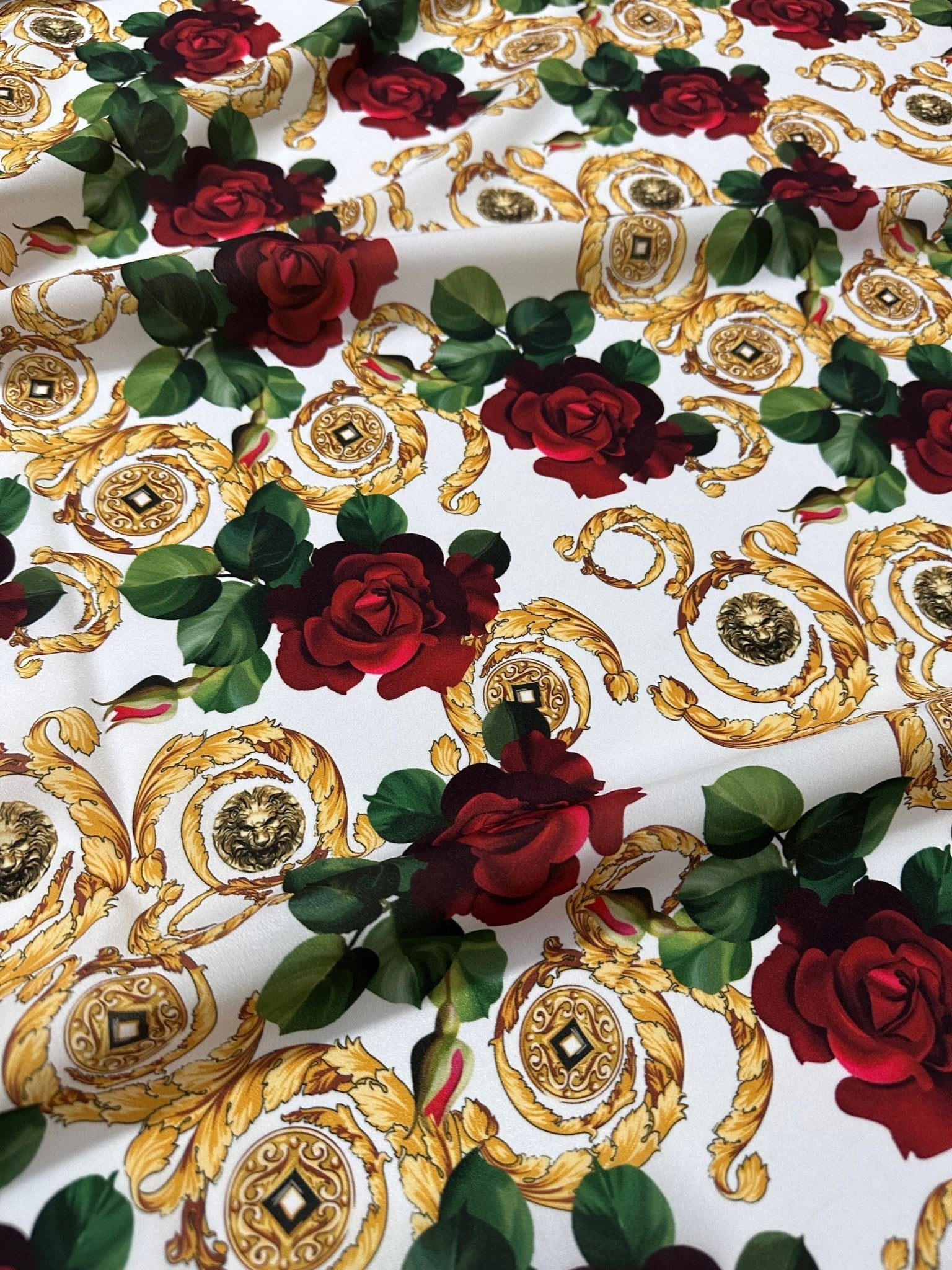 Gold Baroque Pattern Crepe, Red Rose Pattern White Fabric - Whotex Online Fabric Store