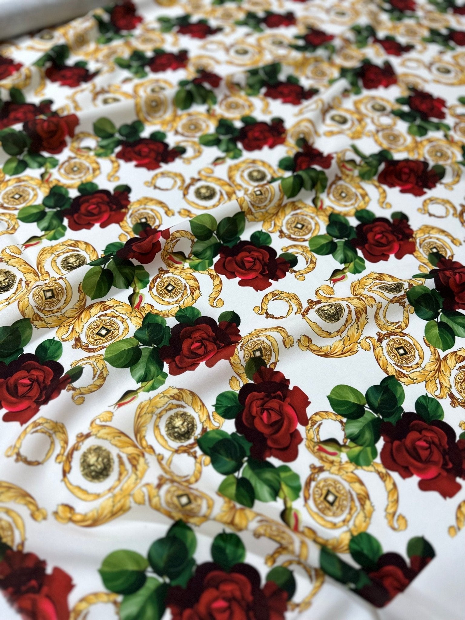 Gold Baroque Pattern Crepe, Red Rose Pattern White Fabric - Whotex Online Fabric Store