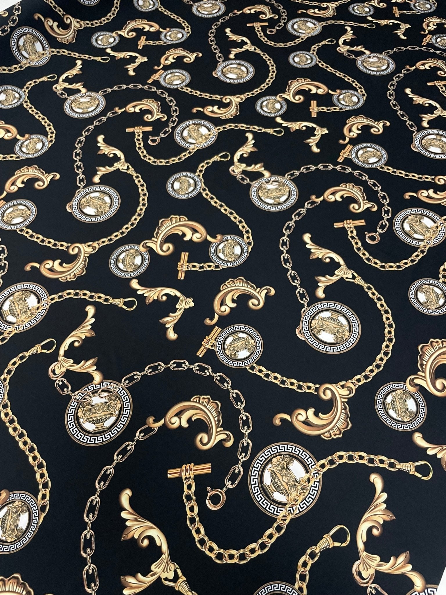 Gold Chain & Medallion Crepe Fabric by the Metre – Luxury - Whotex Fabrics London