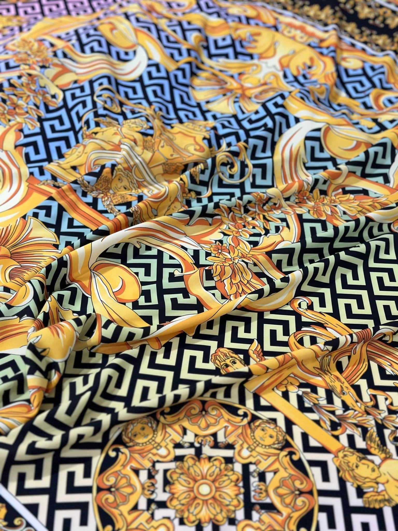 Greek Key pattern fabric, Gold Baroque Silky Crepe Fabric , Panel Fabric 150*100cm // 1.64 * 1.09 yard - Whotex Online Fabric Store