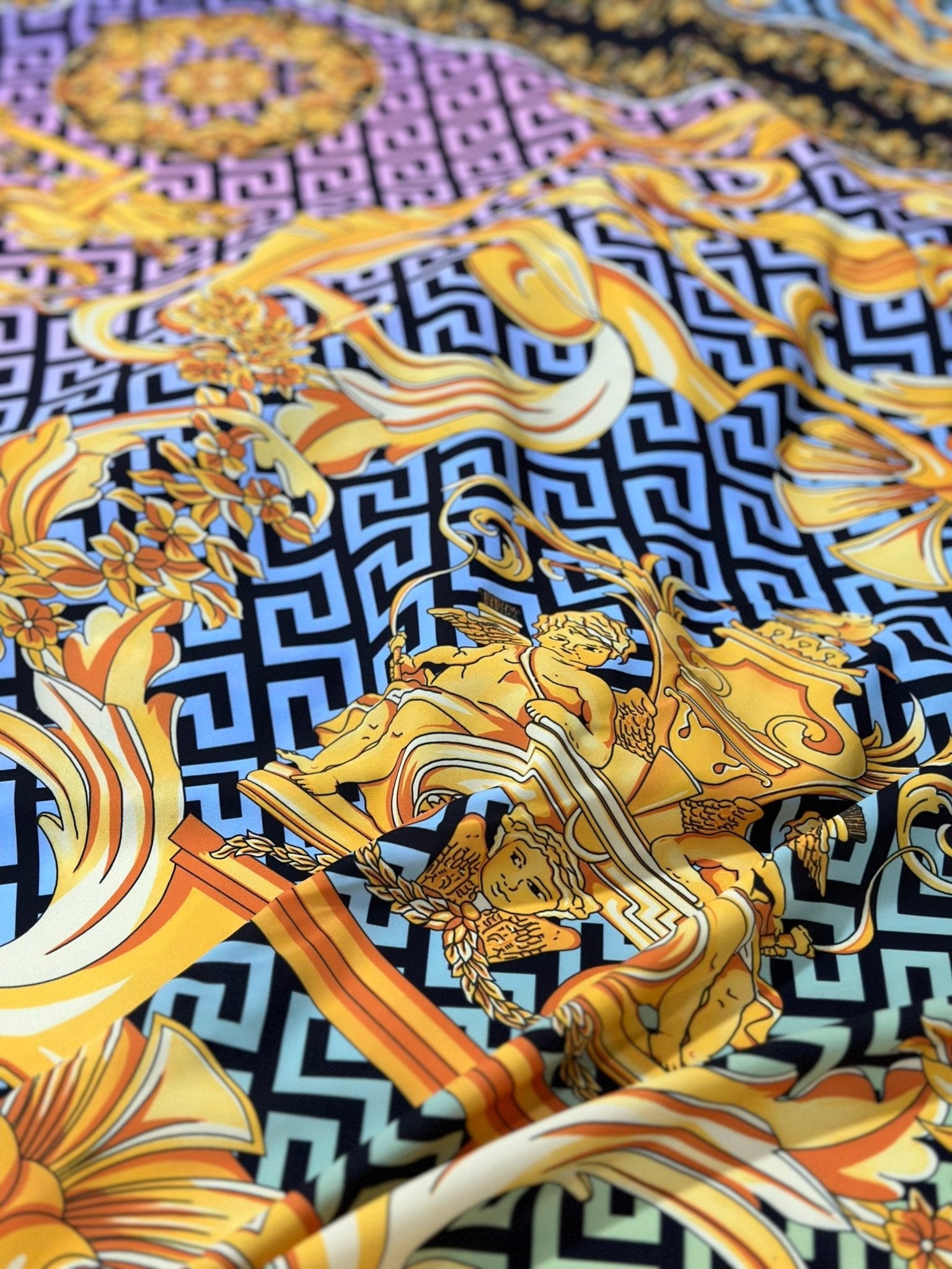 Greek Key pattern fabric, Gold Baroque Silky Crepe Fabric , Panel Fabric 150*100cm // 1.64 * 1.09 yard - Whotex Online Fabric Store