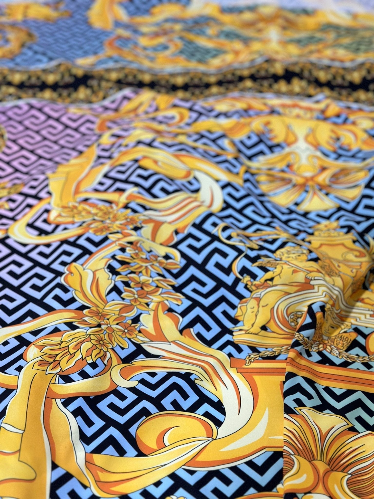 Greek Key pattern fabric, Gold Baroque Silky Crepe Fabric , Panel Fabric 150*100cm // 1.64 * 1.09 yard - Whotex Online Fabric Store
