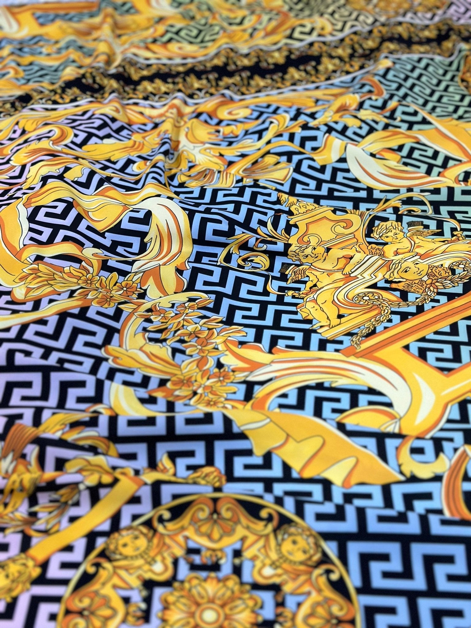 Greek Key pattern fabric, Gold Baroque Silky Crepe Fabric , Panel Fabric 150*100cm // 1.64 * 1.09 yard - Whotex Online Fabric Store