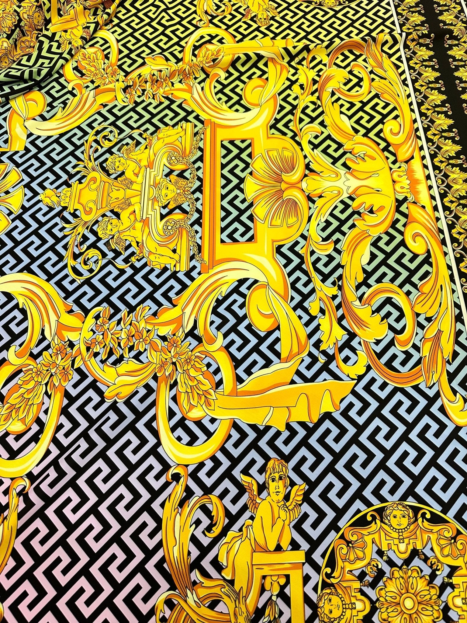 Greek Key pattern fabric, Gold Baroque Silky Crepe Fabric , Panel Fabric 150*100cm // 1.64 * 1.09 yard - Whotex Online Fabric Store